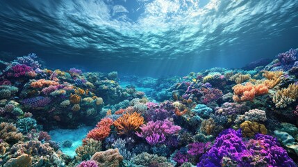 Fototapeta premium Underwater Scene with Sunbeams Illuminating Vibrant Coral Reef