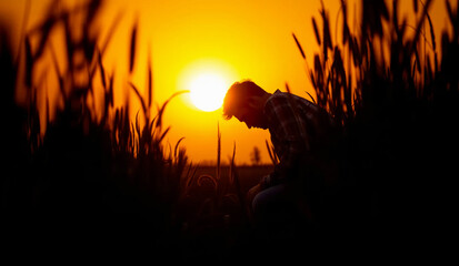 Prayer concept. Silhouette of a man in a praying pose. On his Knees forgiveness in field . sunset sunrise sky. Clasped hands lonely. sacrifice, sincerity , sanctification, shepherd, trinity, shadow