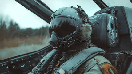 Fototapeta premium Side view of pilot sitting in cocpit of fighter jet