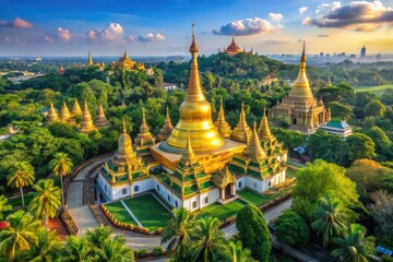 Vibrant aerial view of golden Shwedagon Pagoda, surrounded by lush greenery and ornate stupas, set against a bright blue sky in Yangon, Myanmar.