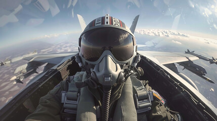 Front view of pilot sitting in cocpit of fighter jet