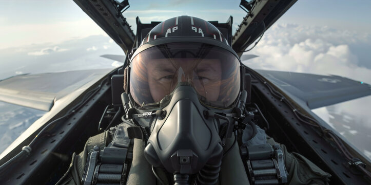 Front view of pilot sitting in cocpit of fighter jet
