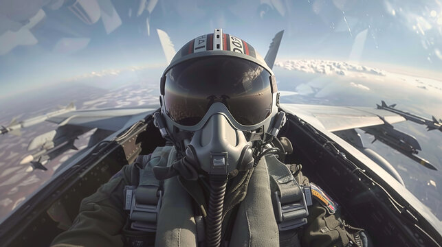 Front view of pilot sitting in cocpit of fighter jet