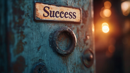 Close-up of a vintage door with a success plaque at sunset