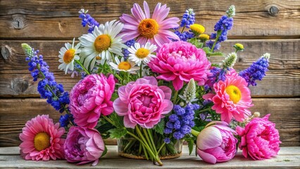 Fototapeta premium Vibrant blooms of pink peonies, lavender delphiniums, and sunny daisies arranged in a whimsical floral design on a distressed wooden background with natural texture.