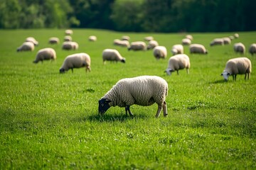 Fototapeta premium sheep eating grass on the field