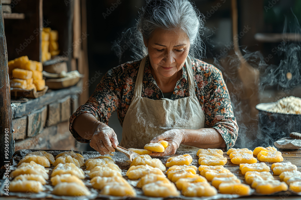 Sticker A woman preparing traditional sweets at home, getting ready for a cultural festival of sharing and giving. Concept of food and generosity in cultural celebrations.