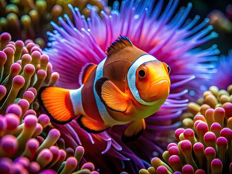 Vibrant Clownfish Swims Amidst Colorful Anemones In The Depths Of The Ocean, Showcasing The Mesmerizing Beauty Of Marine Life.