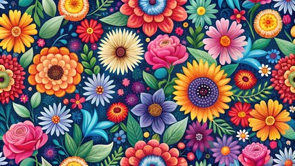 Vibrant colorful flowers bloom in a seamless repeating pattern, creating a stunning ornate design perfect for backgrounds, textiles, and digital projects.