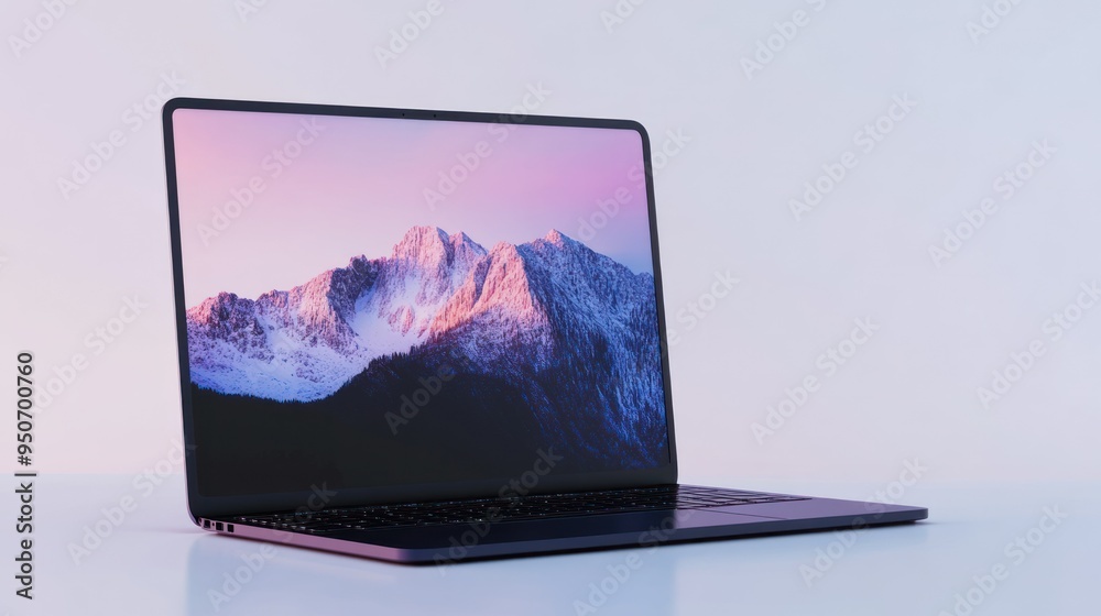 Poster a laptop computer displaying a mountain range at sunset