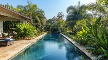 Long Pool Surrounded by Lush Tropical Greenery