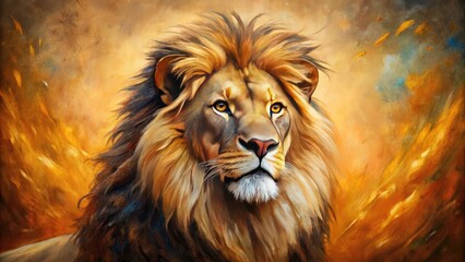 Fototapeta premium Vibrant, expressive brushstrokes create a textured oil painting of a majestic lion, its mane radiating warmth and energy against a rich, earthy background.