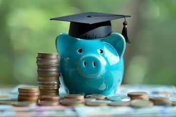 A Graduation-Themed Piggy Bank Surrounded by Coins Symbolizing Financial Success