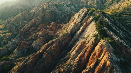 Aerial View of Rugged Mountain Ridges with Sparse Vegetation