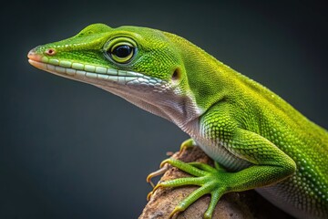 Fototapeta premium Vibrant green anole lizard's delicate scales and ridges on its slender tail are magnified in stunning detail against a neutral dark gray background.