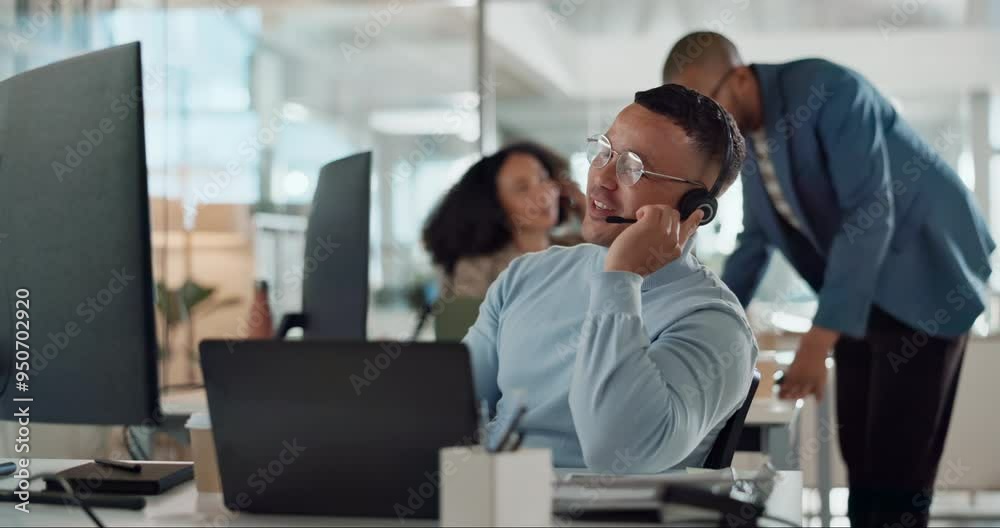 Fototapete call center, computer and consulting with agent man in customer support office for assistance or hel