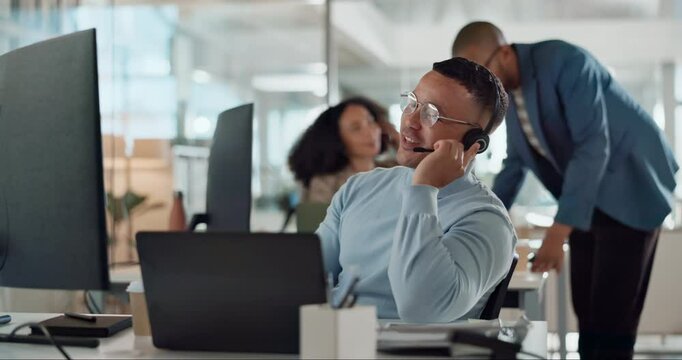 Call center, computer and consulting with agent man in customer support office for assistance or help. Contact us, headset and service with virtual helpdesk employee in workplace for lead generation