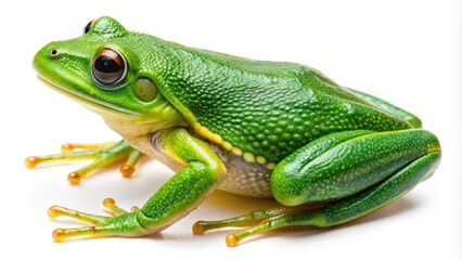 Obraz premium Vibrant green frog leg with intricate skin texture and tiny pores, isolated on a stark white background, showcasing its fascinating microscopic details.