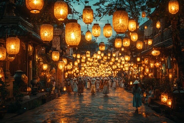 Obraz premium A procession of lanterns carried by participants through a city, illuminating the night in honor of a cultural tradition. Concept of light as a symbol in cultural festivities.