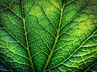 Obraz premium Vibrant green leaf with intricate veins and delicate texture, softly illuminated from above, revealing its natural beauty and microscopic details in stunning clarity.