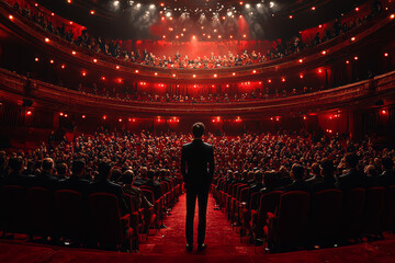 A performer receiving a standing ovation after an exceptional show, basking in the appreciation of the audience. Concept of performance excellence and recognition.