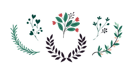 Set of wreaths and branches with leaves. Hand drawing laurel wreaths and branches collection. Laurels wreaths, swirls, twigs and flower ornaments. Herbs,flowers and plants elements on white background