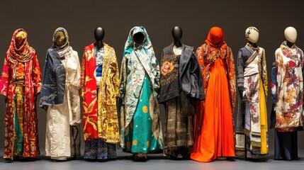 A collection of traditional garments made from fabrics representing different cultures around the world.