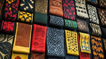 A collection of traditional Ghanaian adinkra cloths, showcasing the symbolic patterns and cultural significance.