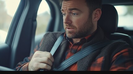 Concerned man fastening seatbelt in car while focusing on road safety, demonstrating responsible driving habits and vehicle security awareness