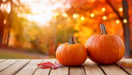 two pumpkins placed on a wooden surface with a blurred background of autumn foliage highlighting the festive and cozy atmosphere of the fall season