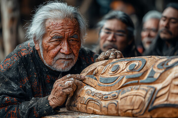 A man carving a totem pole as part of a cultural ritual, surrounded by members of his community. Concept of art and heritage in cultural practices.