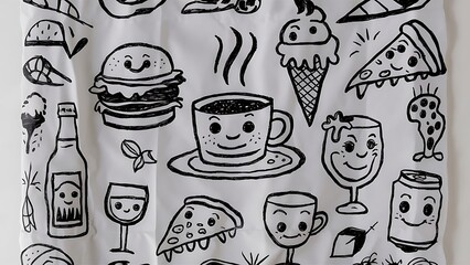Set of food and drinks doodle on white background.