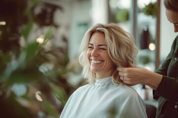 Blonde hairstylist gives a joyful hair makeover to a smiling woman