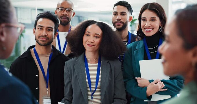 Business people, training group and team at orientation with talking of company policy, introduction and learning. Diversity, collaboration and discussion of employee responsibility and onboarding
