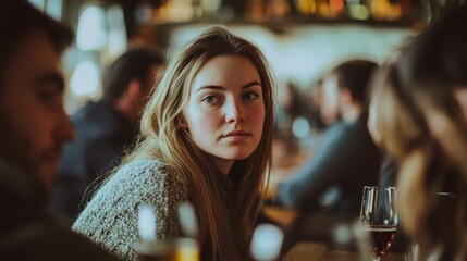 Young woman with thoughtful expression sitting in a bustling cafe filled with people engaging in conversation and enjoying drinks