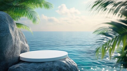 Obraz premium Tranquil Coastal Platform with Ocean View and Palm Fronds