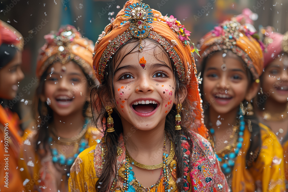 Canvas Prints a group of children wearing traditional garments celebrating a festival in a south asian village, hi