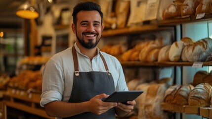 Cozy Bakery Setting with Baker and Tablet