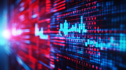 Photorealistic digital news screen with scrolling political headlines and statistics in blue and red color scheme, high-tech and dynamic blue and red backdrop