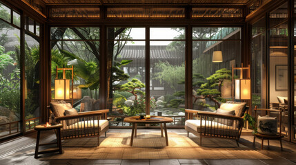 Fototapeta premium In the evening, sunset, Song-style minimalist tea room design, after the rain, large floor-to-ceiling windows, white cement walls, using blank art, walnut wood, rattan ceiling.