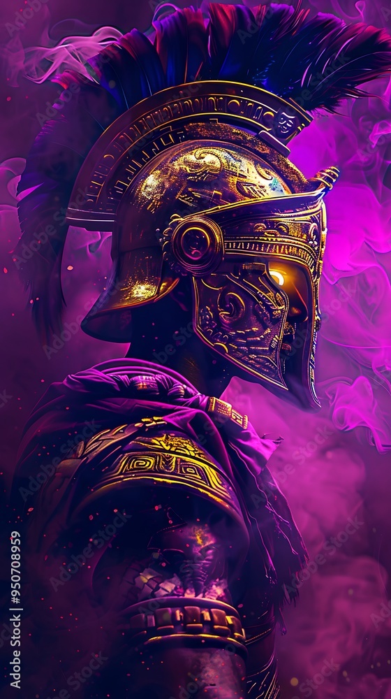 Wall mural a close up of a helmet on a person with a purple background