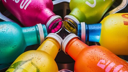 Set of refreshing drinks in plastic bottles
