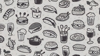 Set of food and drinks doodle on white background.
