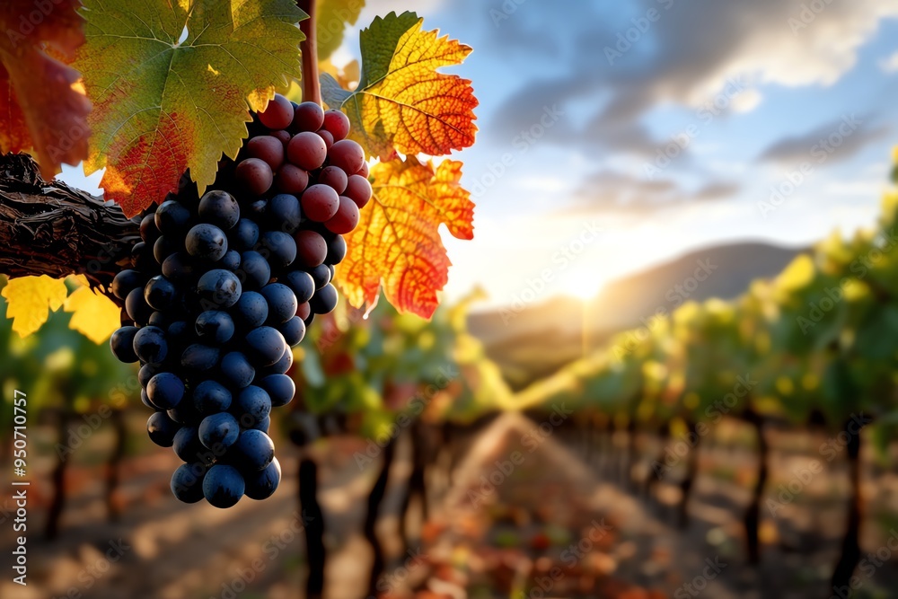 Aufkleber autumn afternoon in a vineyard, illustrated in a scene where rows of grapevines are heavy with fruit