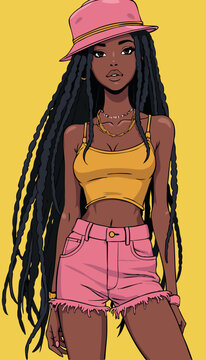 open layer vector of a hot dreadlocks Jamaican brunette girl with a yellow crop top, a pink background