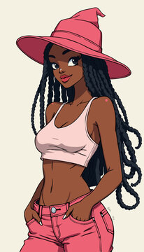open layer vector of hot brounette girl with yellow crop top and yellow hat, green backgrounf 01