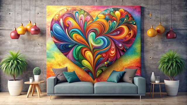Vibrant heart-shaped canvas print with colorful abstract design and modern style details, perfect for romantic wall decor and unique interior design elements.