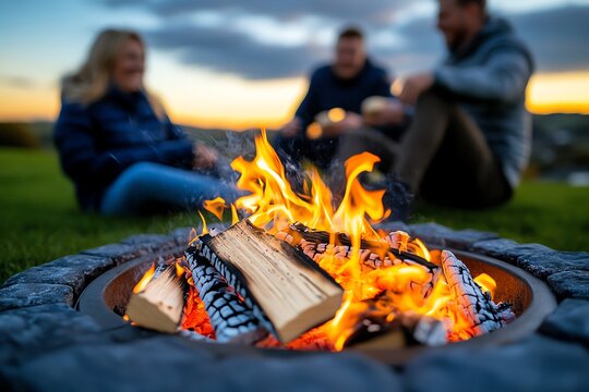 Autumn bonfire night with storytelling, captured in a photo where friends and family sit around a bonfire, sharing stories and toasting marshmallows, with the stars twinkling above and the fire