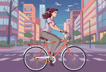 Fototapeta premium Girl dressed in t-shirt and tight pants riding a bicycle through the city. Color vector cartoon illustration in flat style.