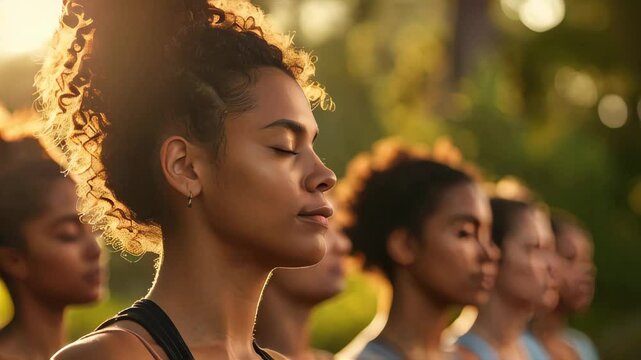 Group of people with closed eyes doing yoga exercise. Balance and meditation concept.